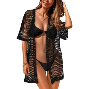 Women Swimsuit Coverup Crochet Beach Cover Up Short Sleeve Kimono Cardigans Causal Bikini Open Front Outfits 2026Gift