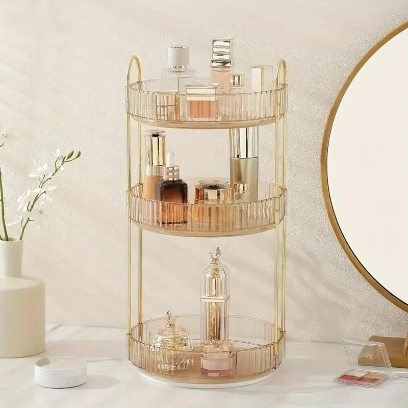 360° Rotates Plastic Bathroom Storage Cabinet - 2/3-Tier Vanity Beauty Station, Single Unit Large Capacity Makeup & Skincare Toiletry Organizer Shelf, Mirror Frame, Daily Routine