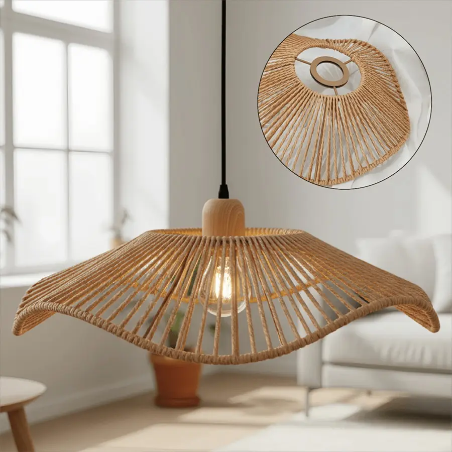 Exquisite Ruffled Lampshade, Rustic Bohemian Hand-Woven, Rattan Weaving Craftsmanship, Vintage Ceiling Decor, Decorative Atmosphere Lighting, Home Decor Lighting, Bulb Not Included