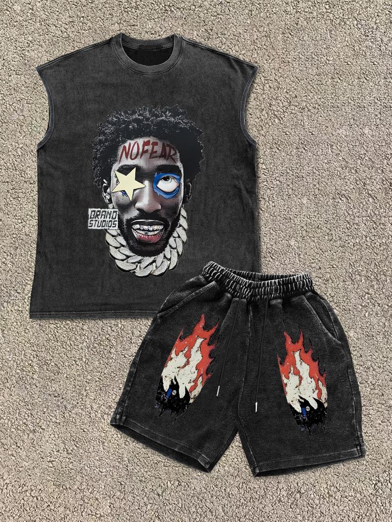 Men's Star & Letter Print Tank Top & Shorts Two-Piece Set, Regular Fit Casual Street Sleeveless Top & Shorts for Daily Wear, Men's Clothing for All Seasons, Cotton