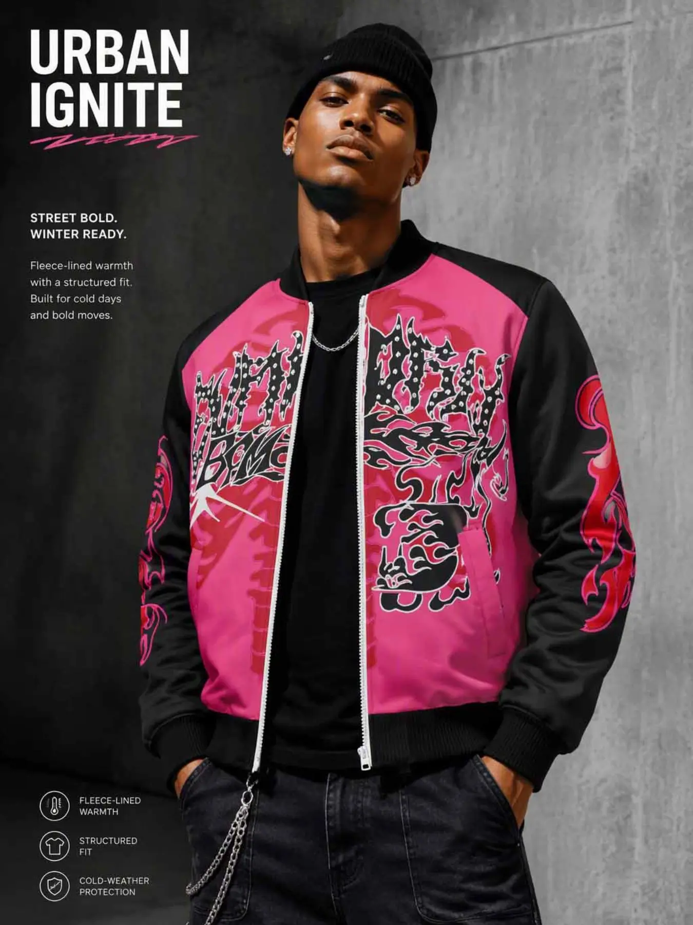 Men's Skull Flame Pattern Zipper Bomber Jacket, Retro Graffiti Letter Print, Windproof Streetwear Fall Winter Coat