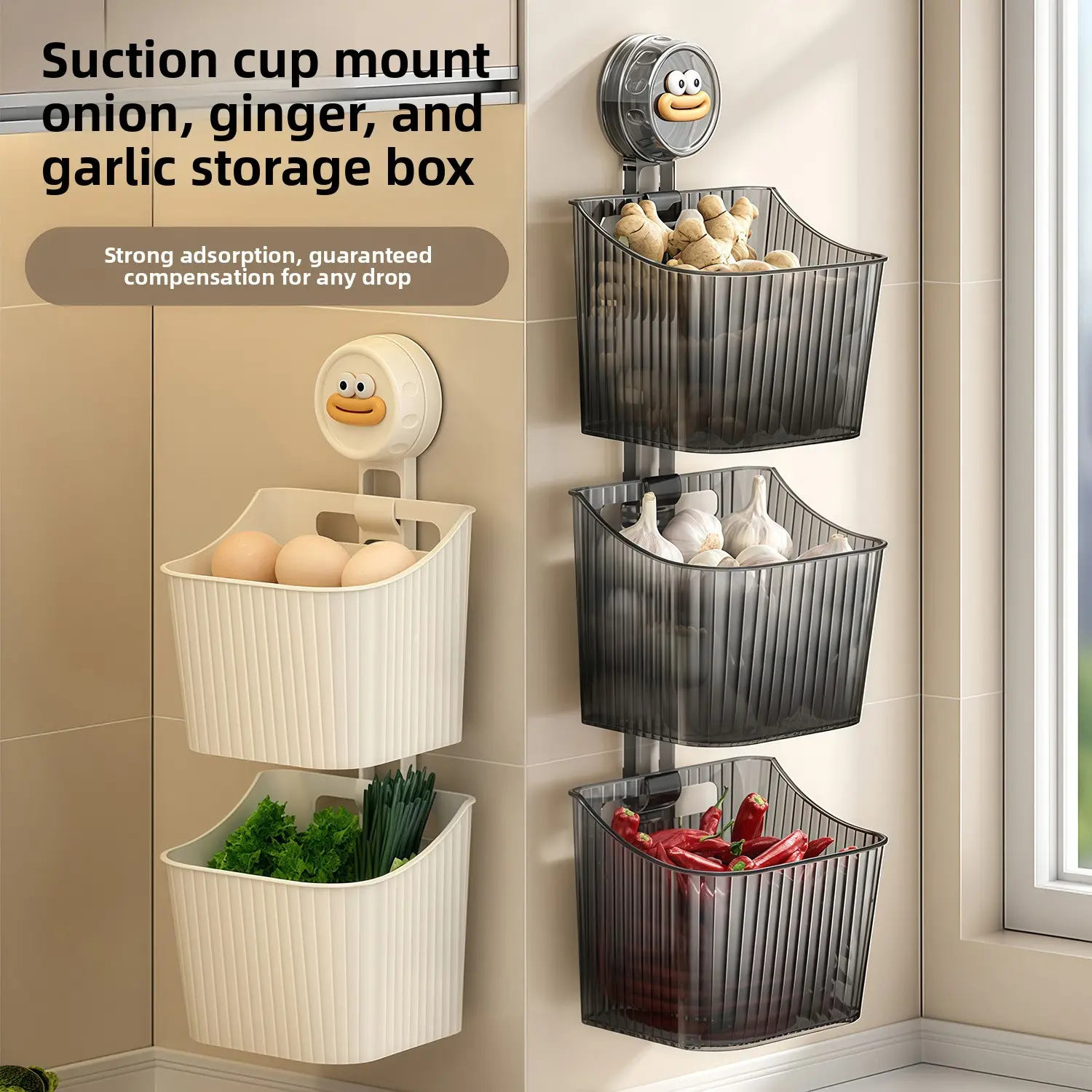 Plastic 3-Layer Drill-Free Wall-Mounted Food Storage Racks with Suction Cups, Kitchen Use Onion Ginger Garlic Organizer Basket