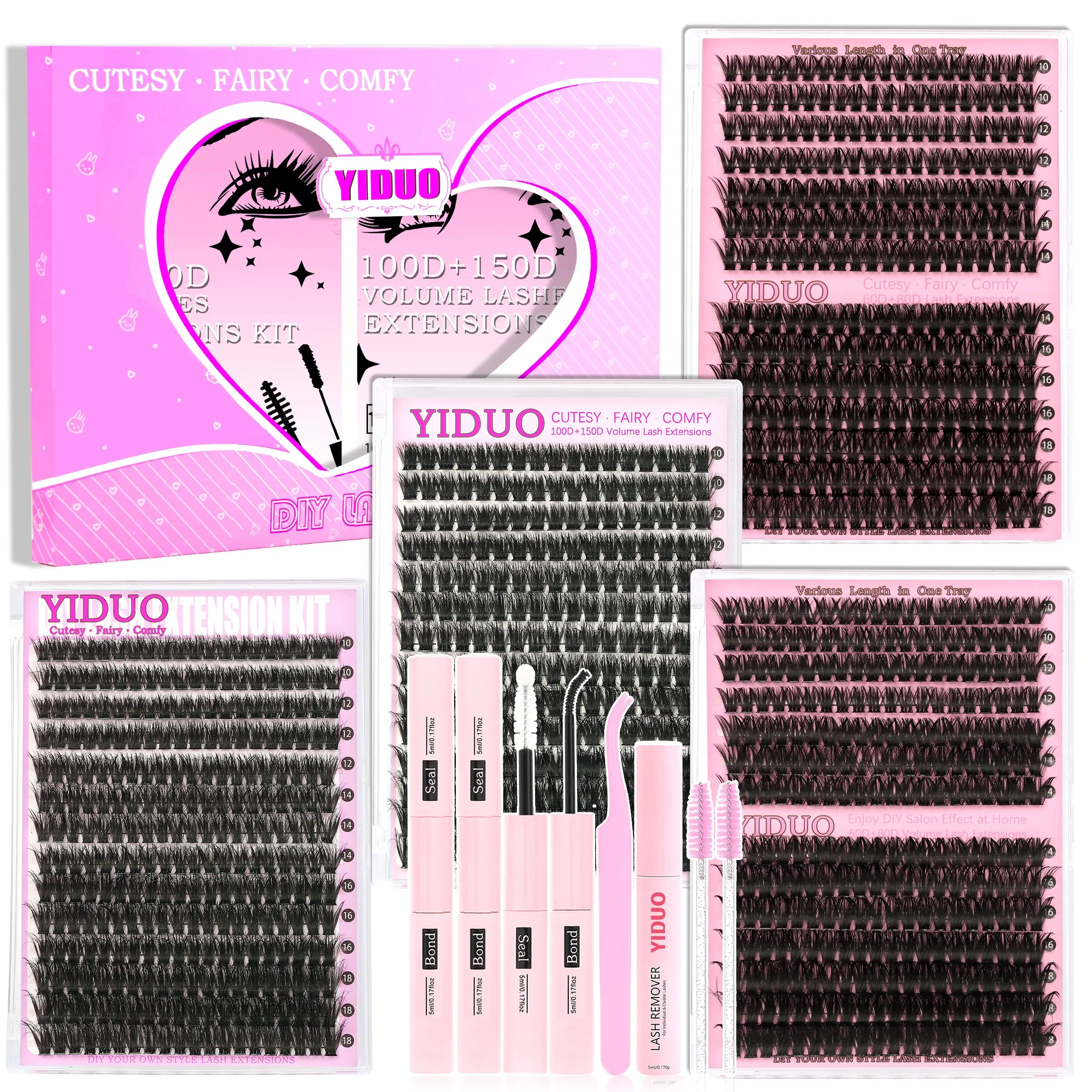 YIDUO 1094 Pcs Eyelash Clusters Kit 8 Styles Lash Bottom A-B/Fairy A-B/40D/60D/80D/Volume Lashes Eyelash Extensions 5-18mm D-Curl With Lash Bond and Seal*2, Lash Remover, Lash Tweezers, Eyelash Brush DIY at Home Eyelash Extensions Set
