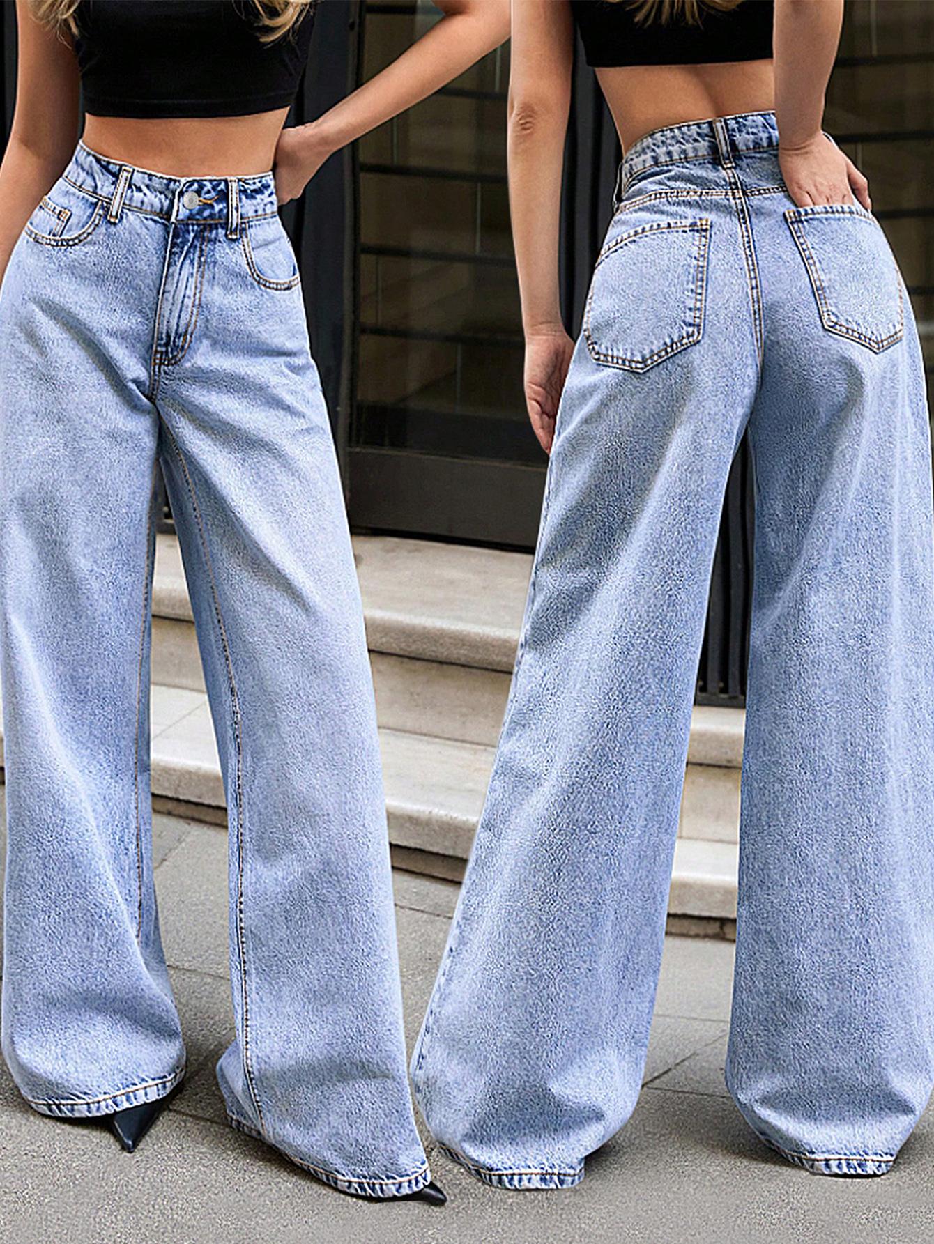 Elegant Women's High-Waisted Wide-Leg Jeans, Long Light Washed Denim Jeans, All-Season Casual Fashion, Slimming Fit