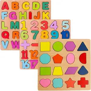 3 in 1 Natural Wooden Montessori Puzzles for Toddlers 3-5, Alphanumeric Graphics Cognitive Educational Toy for Boys Girls, Perfect Birthday Gift