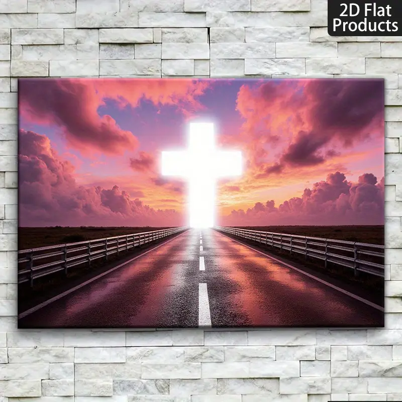 1pc Large White Cross at Sunset Canvas Wall Art - Pink & Purple Sky Road to Calvary Christian Religious Painting, Waterproof Fade-Resistant Wrap Frame Poster for Bathroom, Living Room, Bedroom, Kitchen, Classroom - Easy Hook Installation