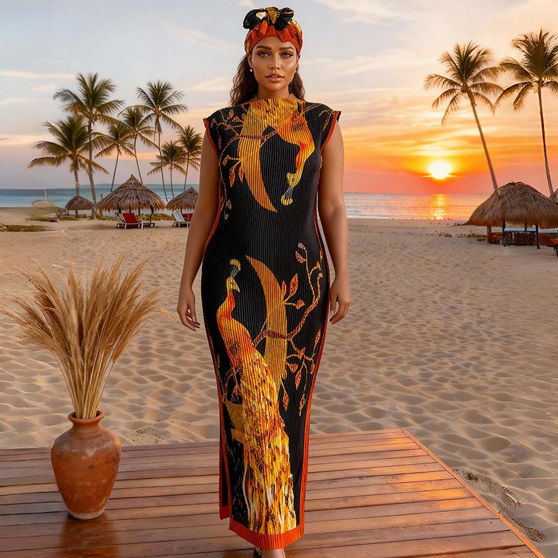 Women's Elegant Animal Print Long Dress Set, Slim-Fitting Moo Moo Skirt & Scarf, Beach Sun Protection Shawl, All Seasons Fashion, Accessory, Womenswear, Lady