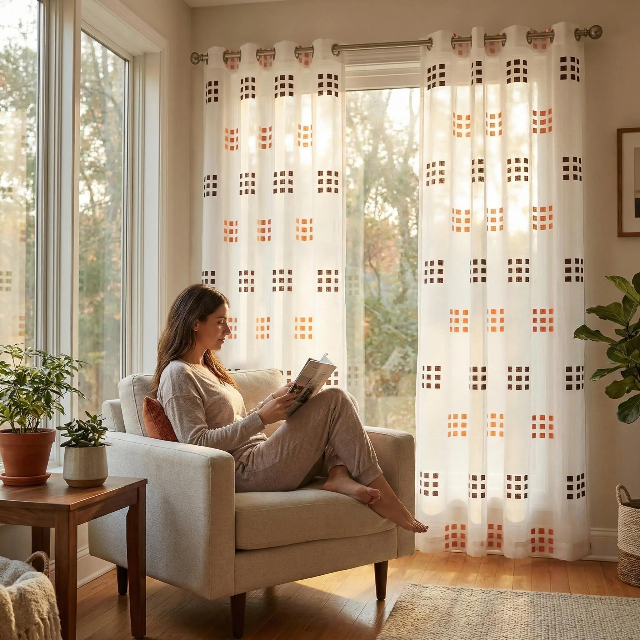 Non-Customised Grommet Top Curtain for Windows, 2-Piece 52x84 in Soft Polyester Flat Weave Durable Vintage Home Decorative Drapes, 2-Color 9-Grid Cut Flower Pattern Room Accessories, Hand Wash Only for Bedroom, Living Room CT278 Gingham, Home Decorative C