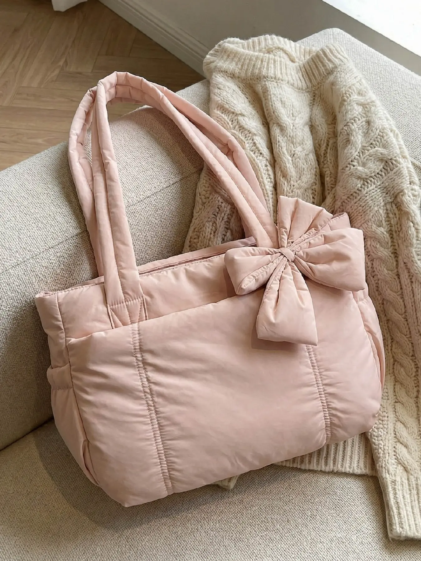 Women's Fashion Single Shoulder Bag, Soft Cloud Texture Casual Bow Design, Simple Style Daily Use Handbag for Ladies, Aesthetic Shoulder Handbag