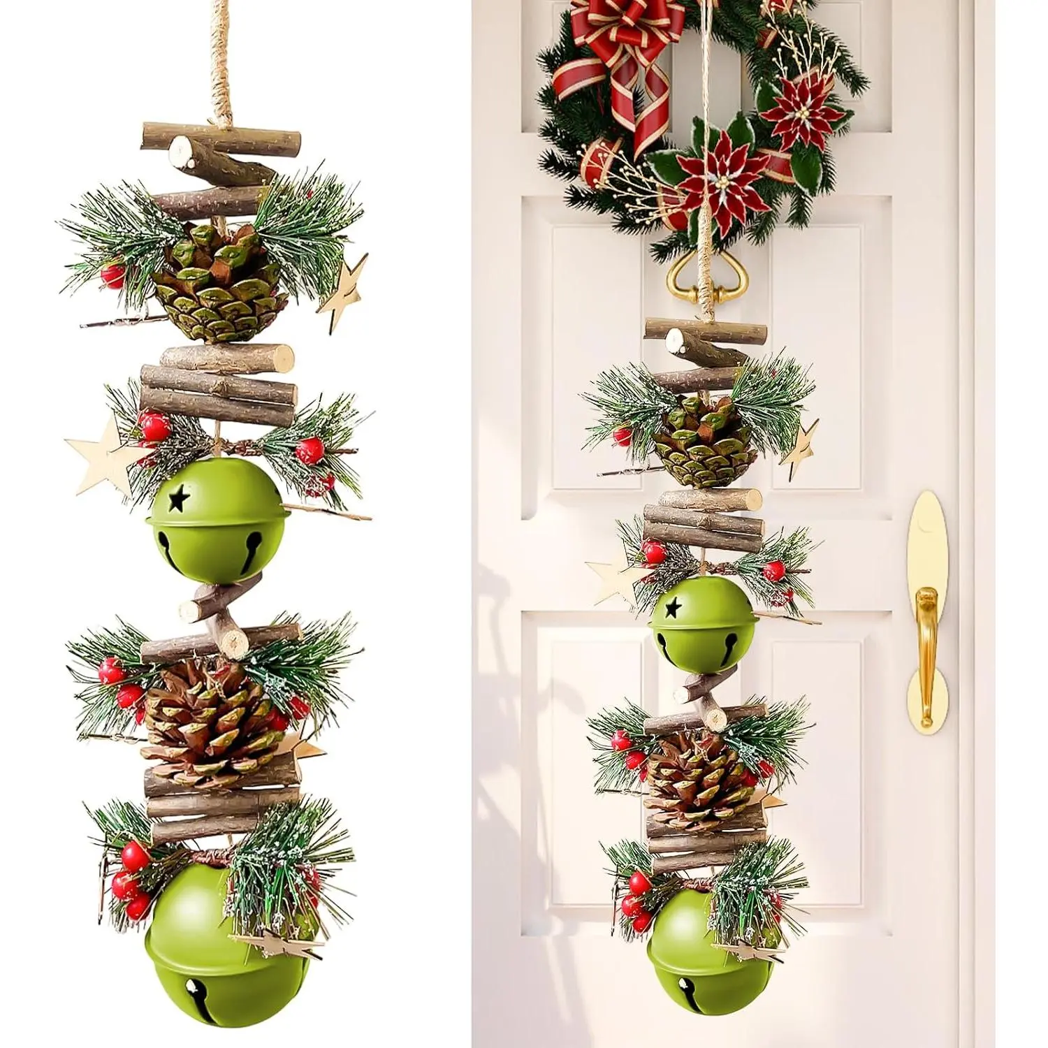 23.6-Inch Modern Lightweight Synthetic Christmas Pinecone Garland, Rustic Stick Decor with Frosted Pine Leaves, Snowy Berries & Bells, Holiday Ornament for Door, Fireplace (Indoor Outdoor Holidays Decor)