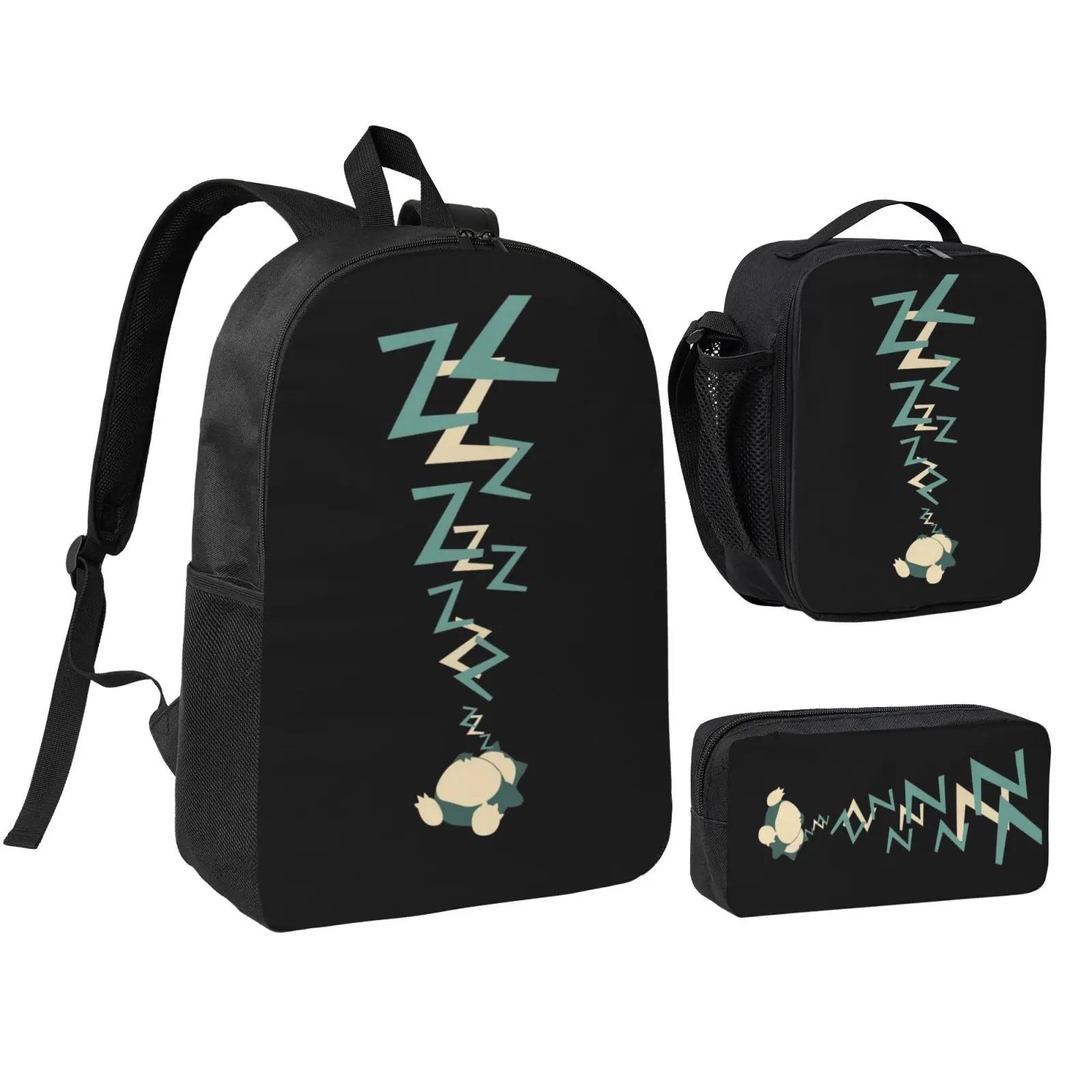 Anime Snorlax4 Kids 3Pcs Multipurpose Teen Backpack Set with Adjustable Shoulder Straps, School Bookbag, Insulated Lunch Box & Pencil Bag for Boys Girls Daily School Travel Office