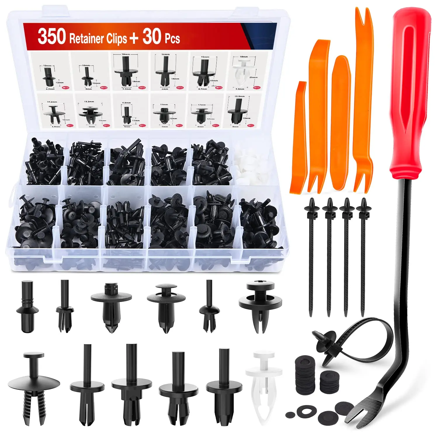 Nilight 380-Piece Car Retainer Clips & Fastener Remover Kit - 12 Popular Sizes Auto Push Pin Rivets, Car Accessory for Interior Door Trim Panel & Body Screw Replacement, Easy Removal Tool, Father's Day Gift, 1Pc Premium Metallic Stainless Steel Fastener R