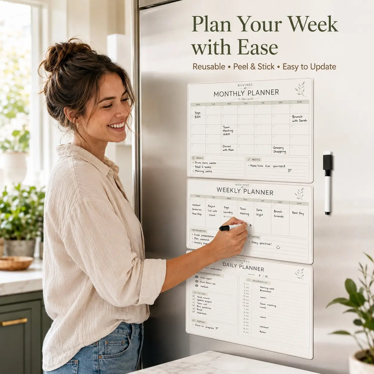 Auvirec 3-Piece Set Reusable Dry-Erase Calendar Planner, Self-Adhesive Pet Schedule Board, Erasable Marker Included, Home Office Use