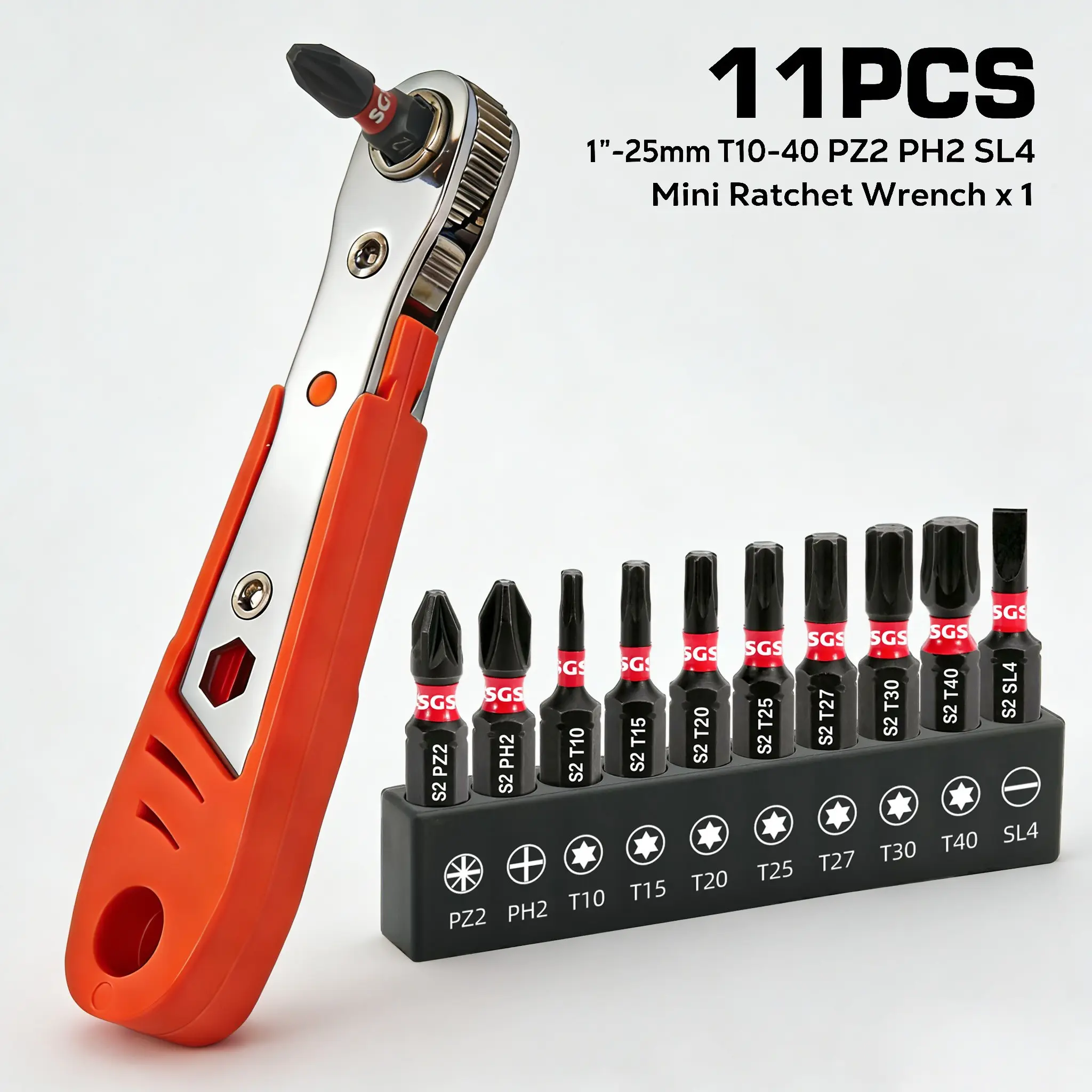 11PCS Mini Ratchet Screwdriver Set With reversible labor-saving handle & wear-resistant S2 steel bits (PZ2, PH2, Torx T10-T40, SL4). 25mm short bits fit tight gaps of cabinets, appliances and vehicles. Equipped with portable storage base, perfect for hous