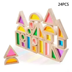 24PCS natural wood rainbow acrylic translucent building blocks, creative snap-together construction educational toys for children, rainbow stacking game and building toys, preschool color learning educational toys, geometric wooden blocks suitable for