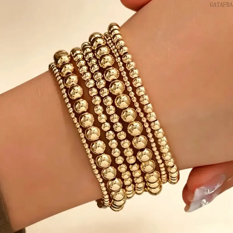 14Pcs Gold‑Toned Stackable Beaded Bracelet Set, Boho Style Stretch Mixed Bangles, Comfortable Versatile Wrist Decor for Daily Looks and Gift Occasions