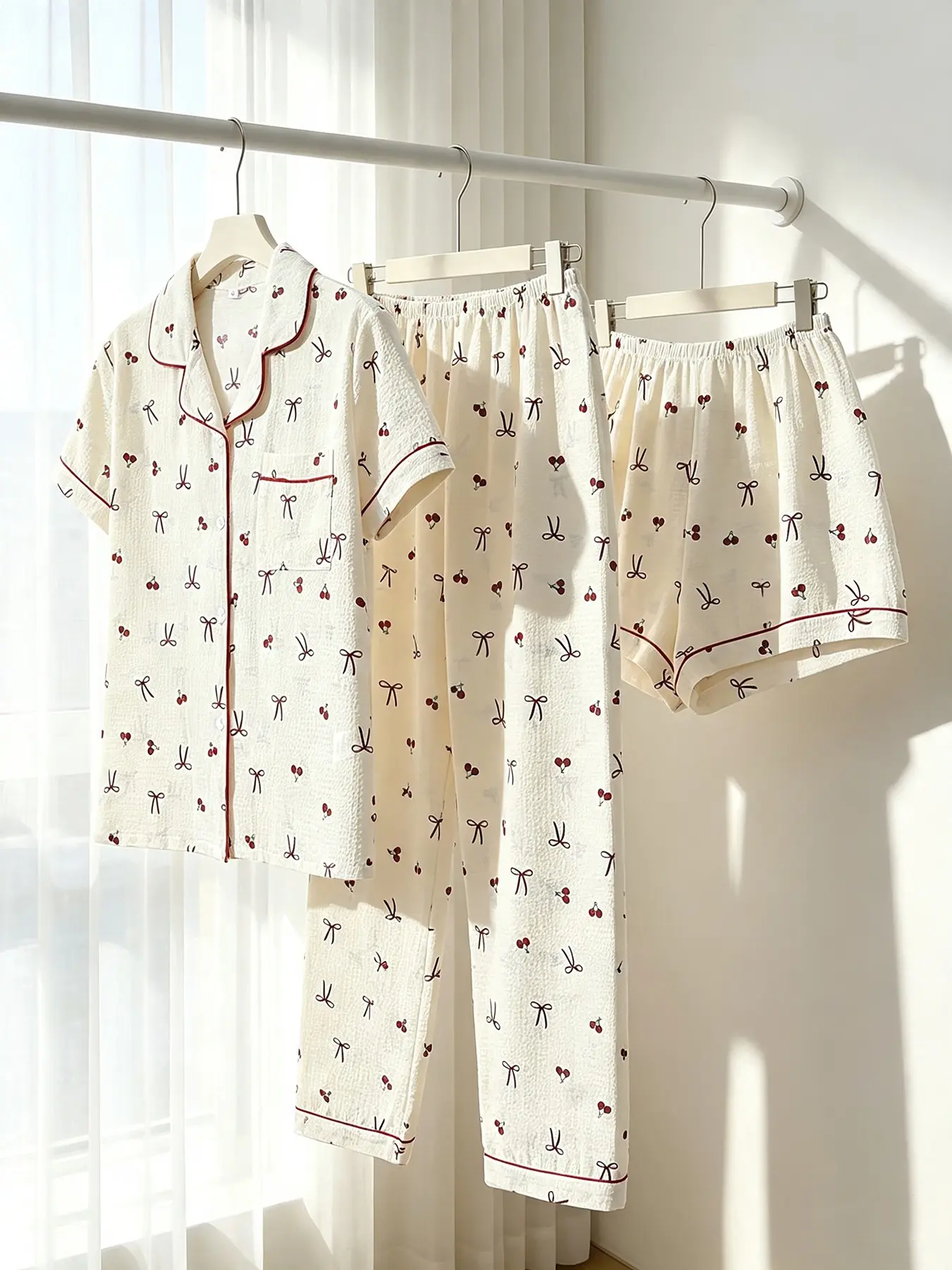 Women's 3-Piece Button-Down Pajama Set, Cream Mini Cherry Bow Print, Classic Collar, All Season Wear, Loose Fit, Casual Lazy Day-to-Night Loungewear for Home & Casual Outings