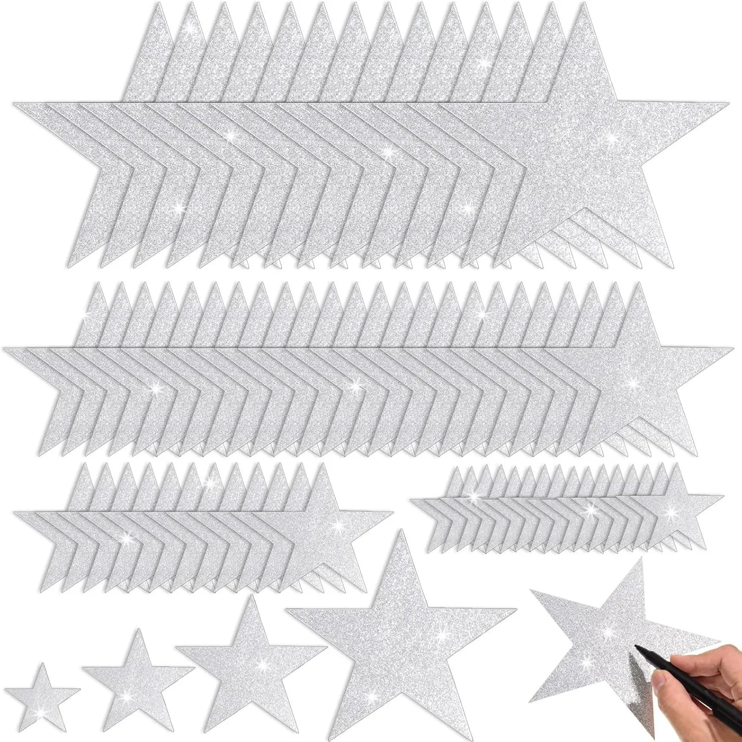 180 Pcs Silver Glitter Star Cutout Paper Five Stars Cutouts Silver Glitter Stars Decorations Star Cutouts for Bulletin Board Classroom Christmas Party Wall Decoration Supply,4 Sizes