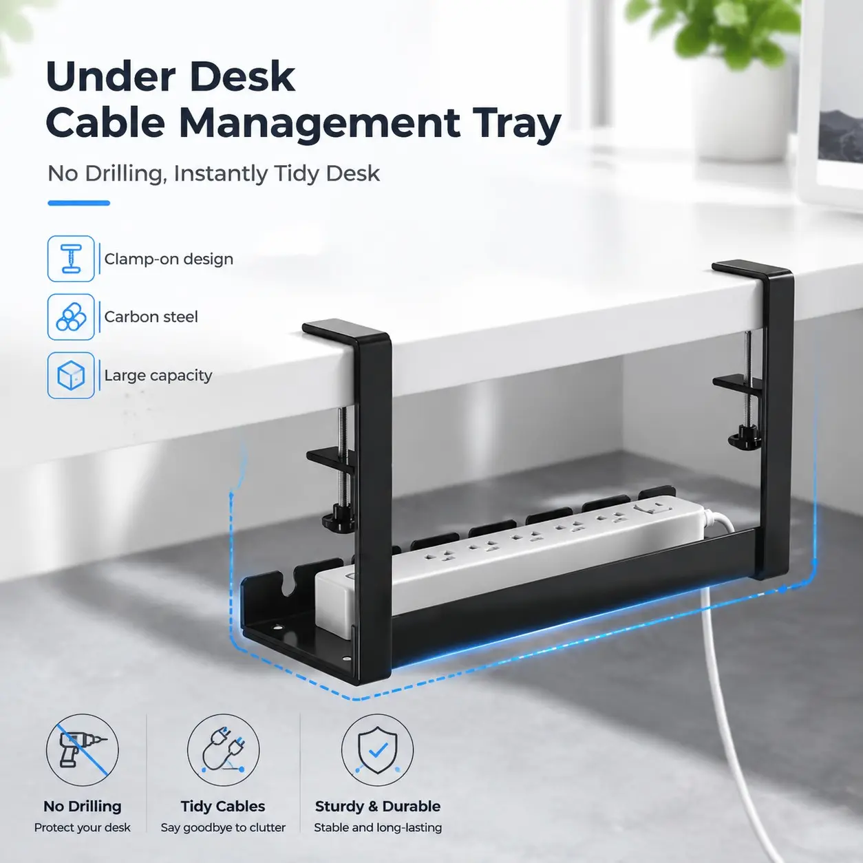 Clamp-On Desk Cable Organizer, No-Drill Carbon Steel Wire Tray, Large Capacity Plug Strip Cord Manager, Office & Home Use