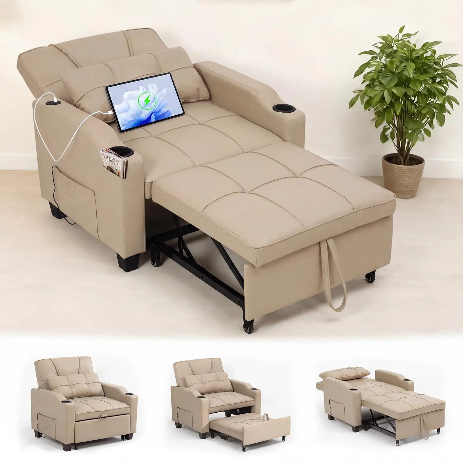 4-in-1 Convertible Sleeper Sofa Chair – Pull-Out Single Recliner for Adults, Vibration Massage Lumbar Pillow, USB/Type-C Ports, Cup Holders, Side Pocket – Space-Saving Furniture for Living Room, Brown/Black/Latte Beige