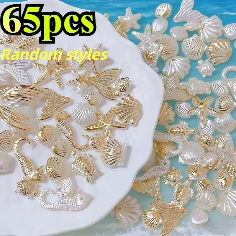 65-Piece Ocean Series Bead Bracelets, Resin Shell, Conch, Seahorse, Starfish, Ideal for Jewelry Making, Hair Accessories, Phone Cases