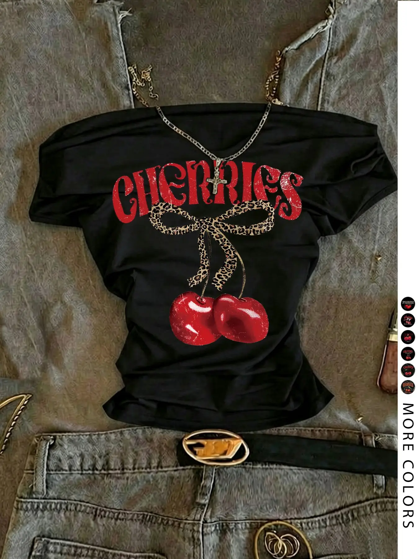 Women's Cherry Print Ruched Off-Shoulder Slim Fit Short Sleeve T-Shirt, Summer Casual Streetwear, Vintage Yk Style