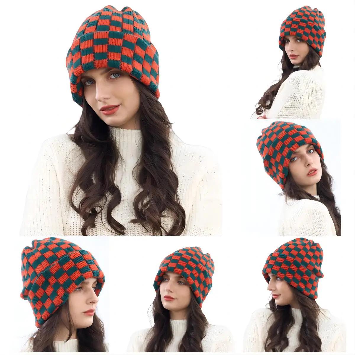 New Japanese Korean Winter Check Plaid Skullies Beanies Knit Hat for Women Ins Luxury Brand Y2k Bonnet Heavy Warm Hat Casual Cap