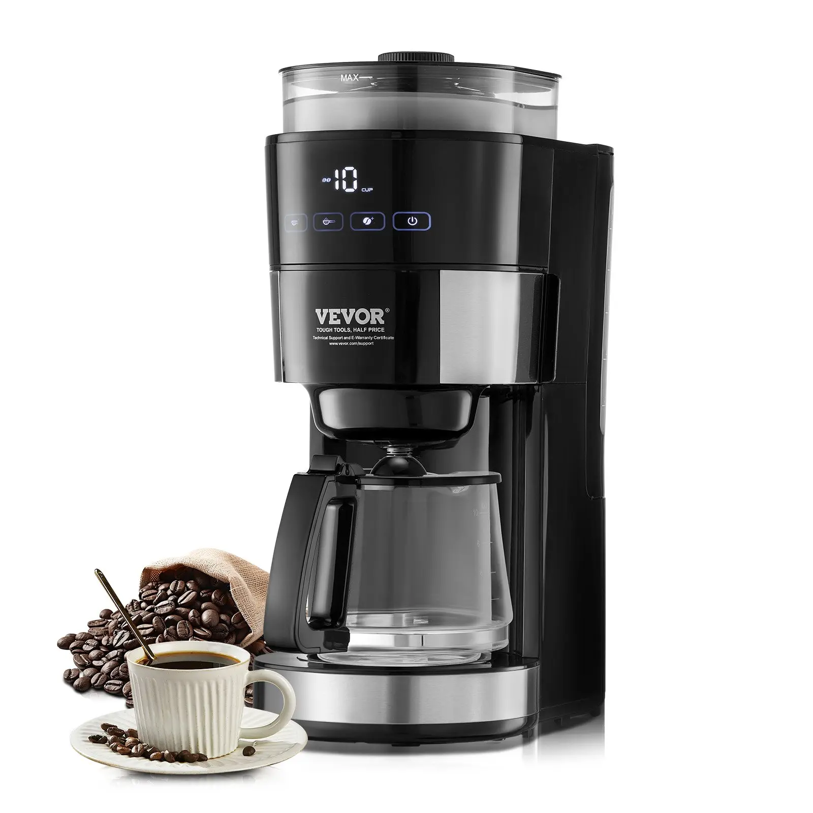 【DealsForYouDays】VEVOR Coffee Maker with Grinder, 10 Cup Coffee Machine, Grind and Brew Coffee Maker with 3 Brew Strength Control, Drip Coffee Maker with Adjustable Grinding Coarseness, for Home Office Restaurant