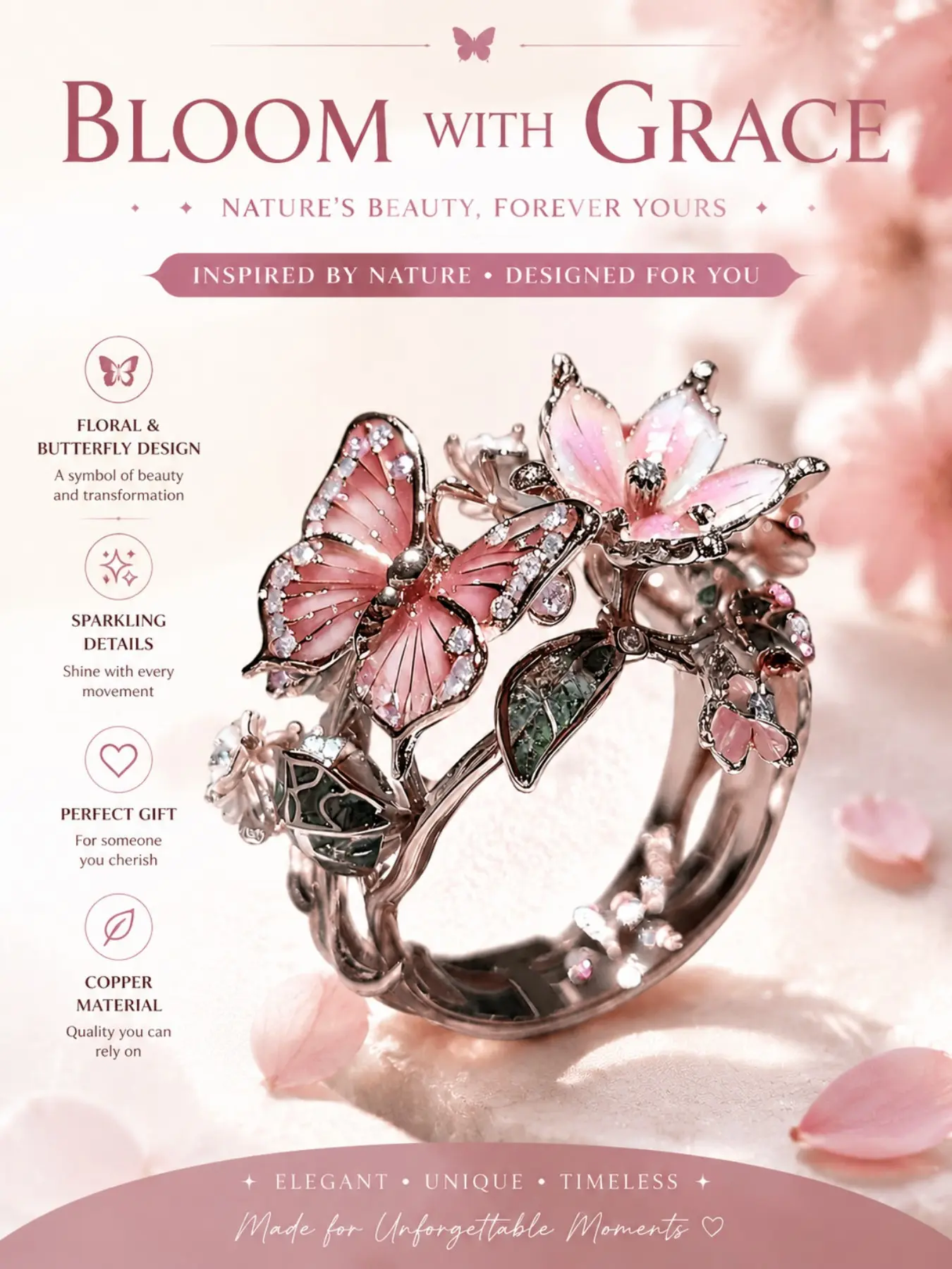 Women's Butterfly Floral Water Drop Ring, Fashion Daily Wear Jewelry, Perfect Gift Choice, Elegant Accessory for Various Occasions, Fashionable Jewelry