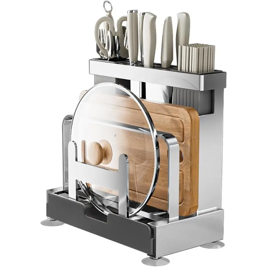 Multifunctional Cutting Board, Knife Drying Rack Kitchen Countertop Pot Lids Organizer, Knife Block Holder with Drain Tray Utensil Holders Bakeware Cookware Chopping Board Storage Stand, 3-Layer Storage Rack Draining Boards, Heavy-Duty Stainless Steel Dra