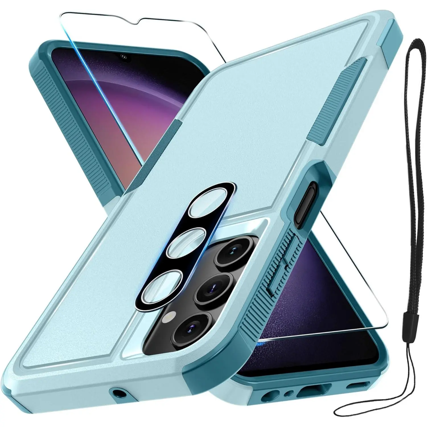 Mint Green Durable Lanyard Phone Shell for Samsung Galaxy A15 5G (A15 Series) - Heavy-Duty Rugged Shockproof Full-Body Protection Accessory, with Tempered Glass Screen Protector & Camera Lens Cover, Casing