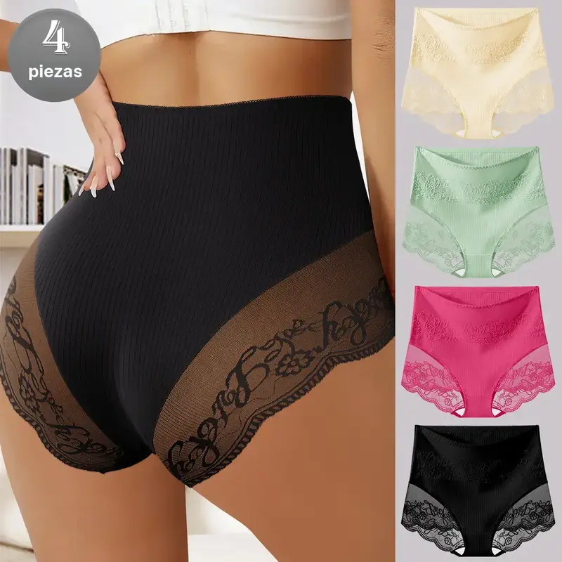 QUASTI Women's 4-Pack High-Waisted Lace Jacquard Briefs - Cotton Spandex Fabric, Preppy Chic Style, Tummy Control, Foldable, High Elasticity, Soft Breathable Knicker, Hip-Lifting, Full Coverage, Sheer Lace Panty, Lady's Gift (S-XXL)