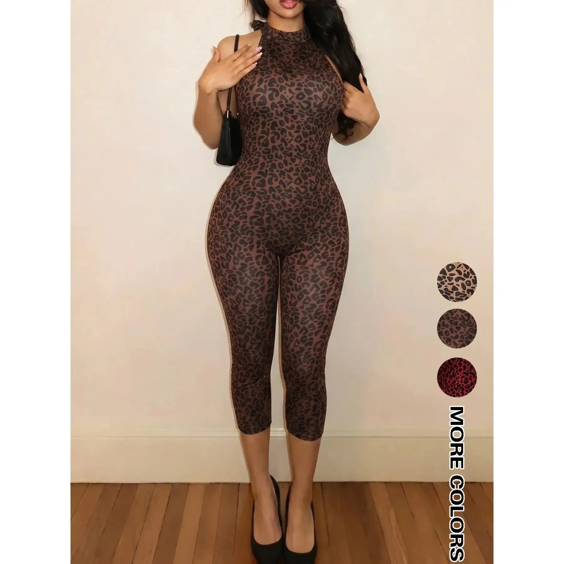 Women's Sexy Mesh Leopard Print Halter Neck Backless Jumpsuit, Sleeveless High Waist Bodycon Jumpsuit, Fashionable Summer Womenswear Clothing