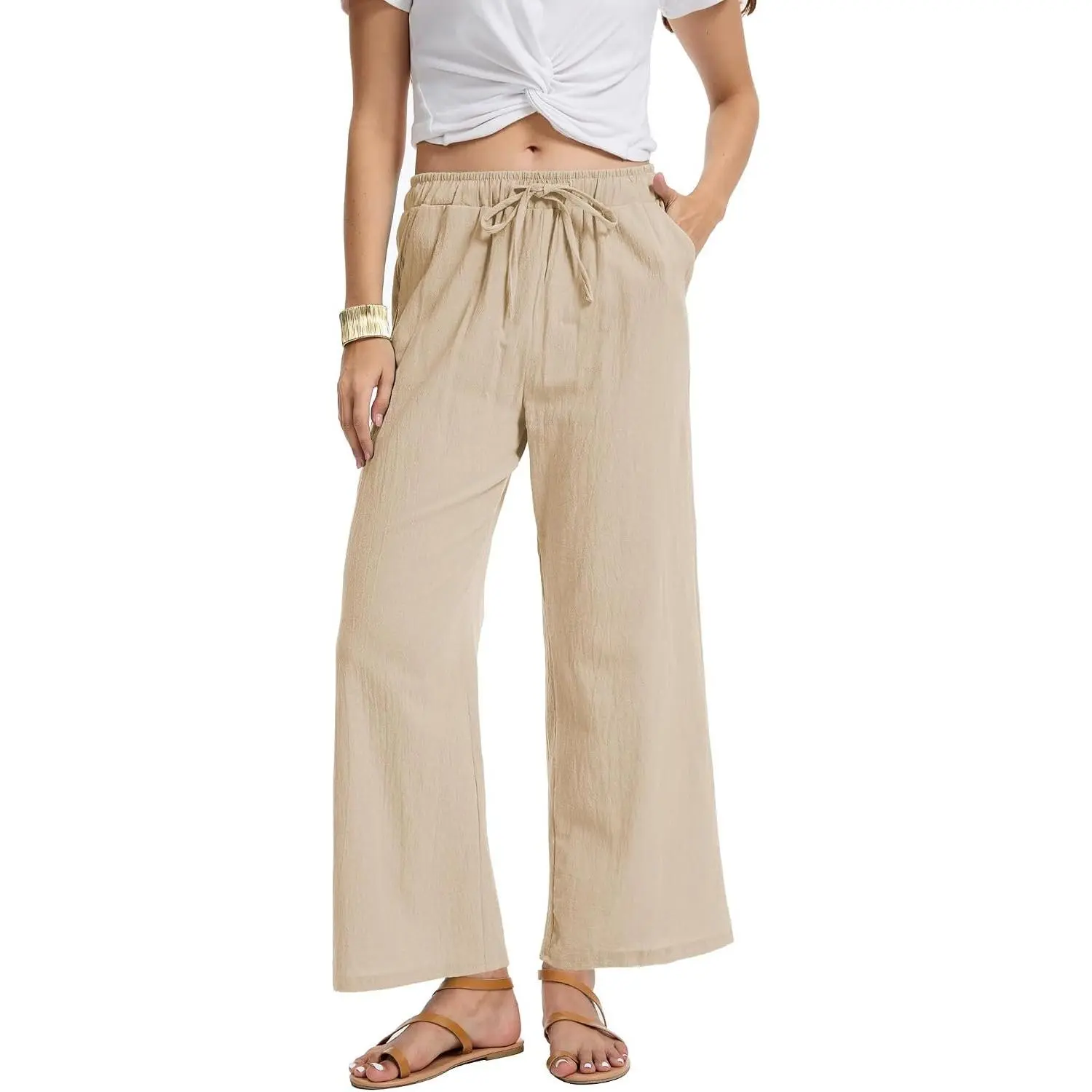 Women Casual Drawstring Straight Leg Pants Cotton Linen Beach High Waisted Trousers Flowy Lounge Lightweight Pants