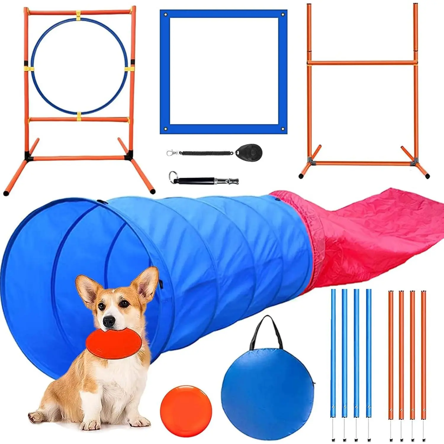Complete Dog Agility Training Equipment Set, Backyard Dog Agility Course Obstacle Play Kit with Jumps, Hurdle, Blind, Standard Tunnel and Weave Poles for Indoor Outdoor Games