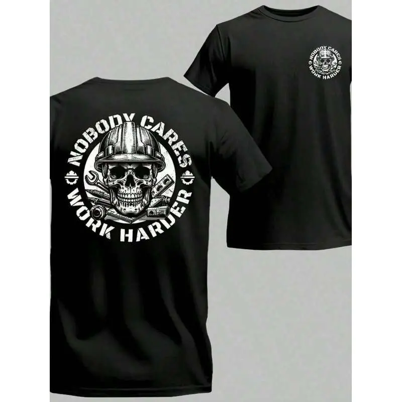 Work Harder T-Shirt: Cool Engineer Skull Design, Men's  T-Shirt, Suitable For Construction Workers, "Nobody Cares, Work Harder" Graphic, Unisex Long-Sleeved Pullover.