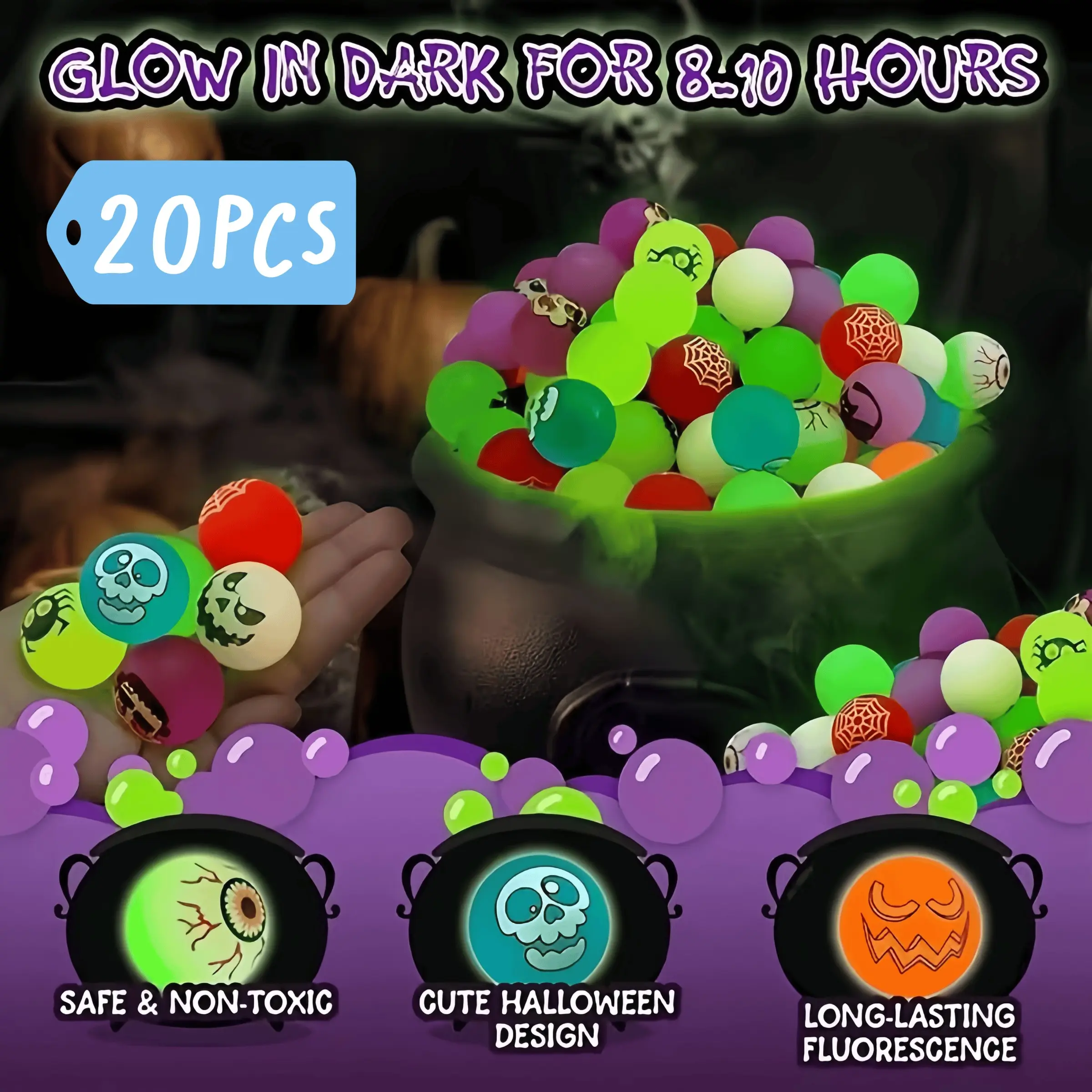 20 Halloween Glow Bouncy Balls, Halloween Theme Light-Up Bouncy Balls, Fun Pranks, Sensory Toys, Unique Gifts, Candy Bag Fillers, Random Colors