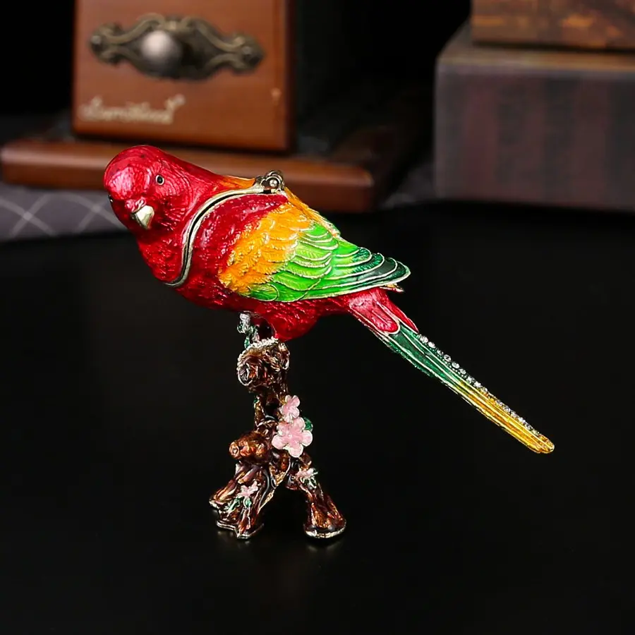 Vibrant Enamel Warbler Jewelry Box, Bird Shape Design, Trendy Rhinestone Long Tail Decorative Accessory Organizer, Solve Vanity Clutter, Tropical Style Decor