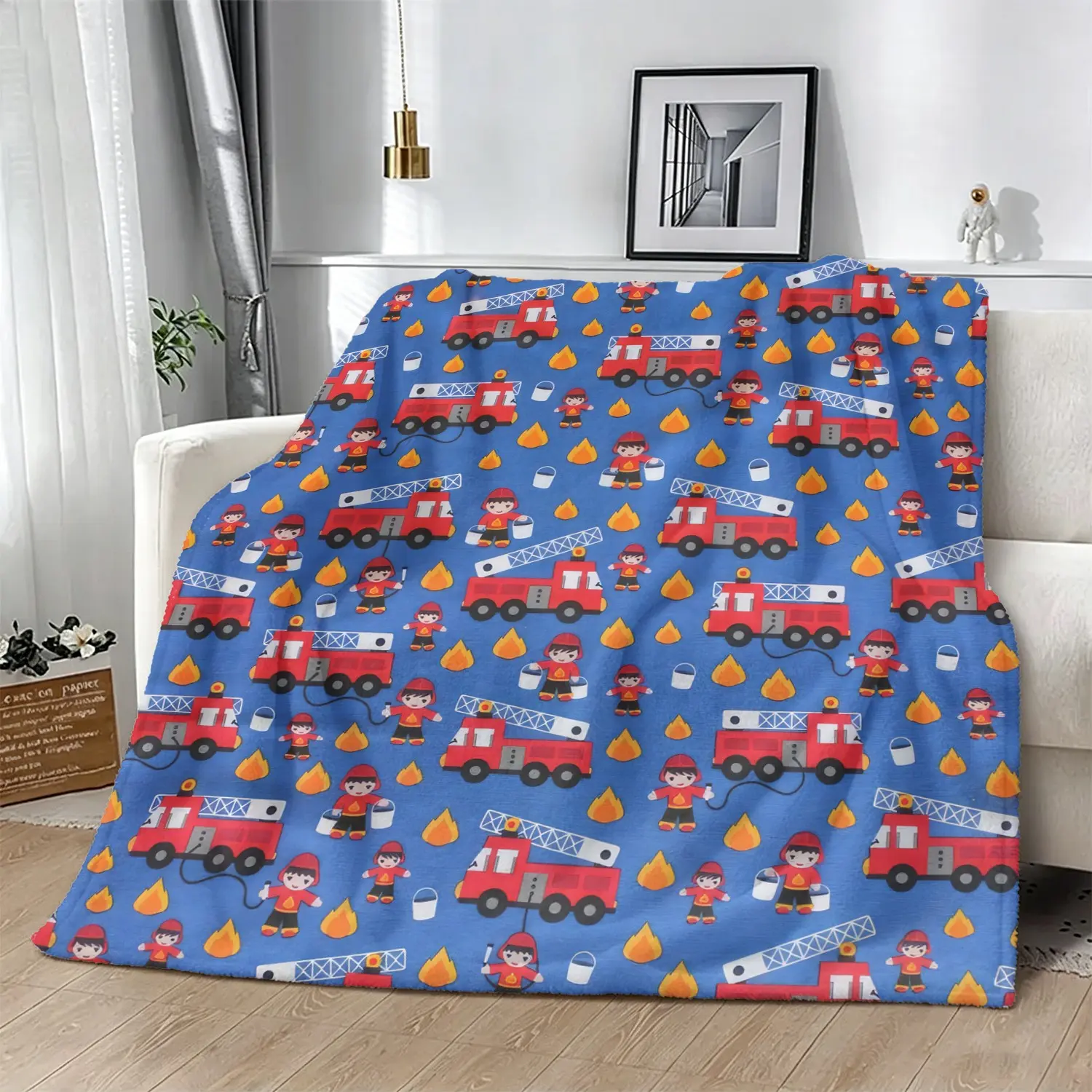 Cartoon Fire Truck Print Flannel Blanket, Kids Firefighter Themed Throw Blanket, Soft Digital Printed Warm Blanket, Cozy Gift Blanket for Bed, Sofa, Nursery, Travel, Camping, Birthday and Holiday Gifts