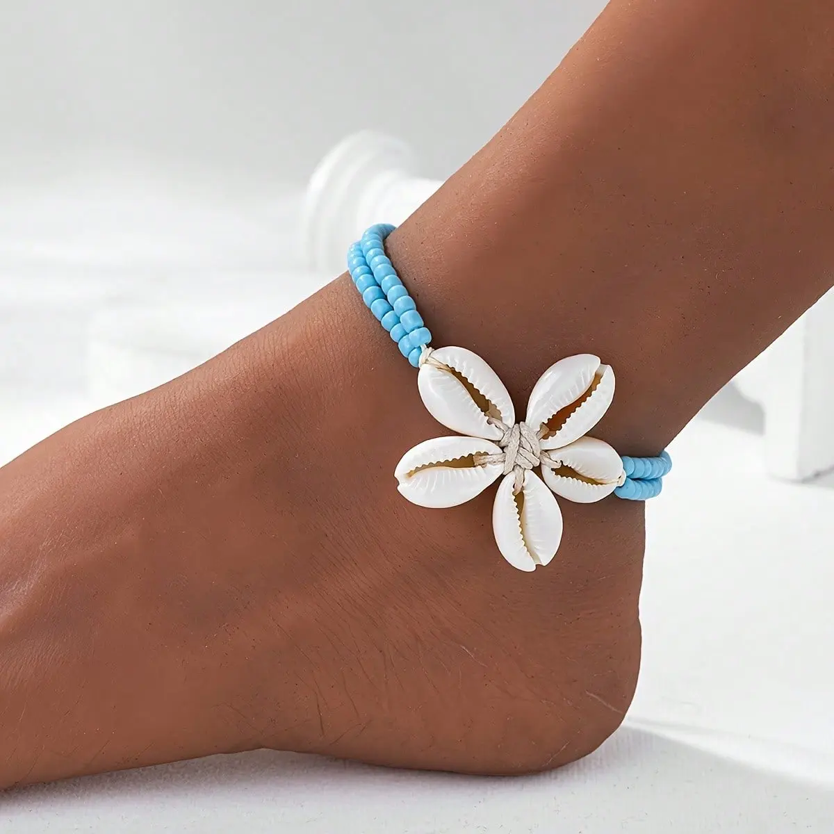 Women's Boho Beaded Shell Blue Resin Double-Layer Anklet - 1pc Beach Holiday Costume Jewelry Gift