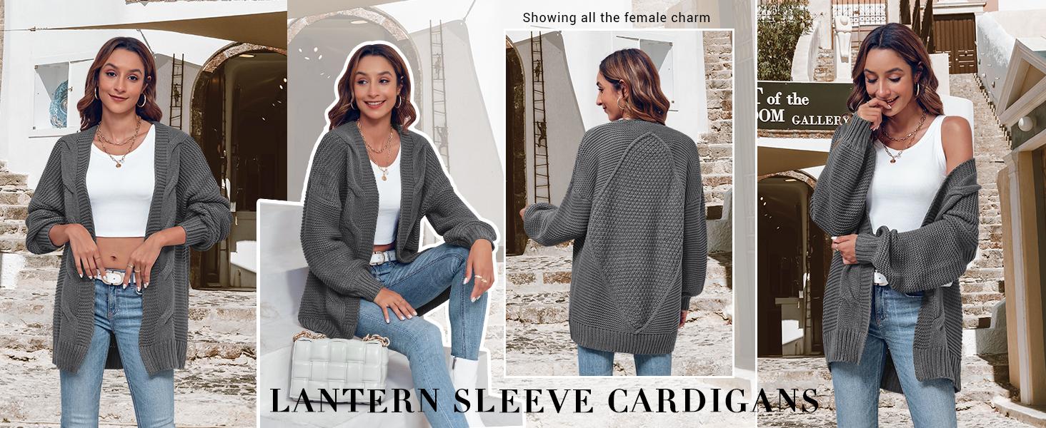 Saodimallsu Women's Open Front Chunky Knit Cardigan Loose Lantern Sleeve Oversized Sweater Coats SpringStatements