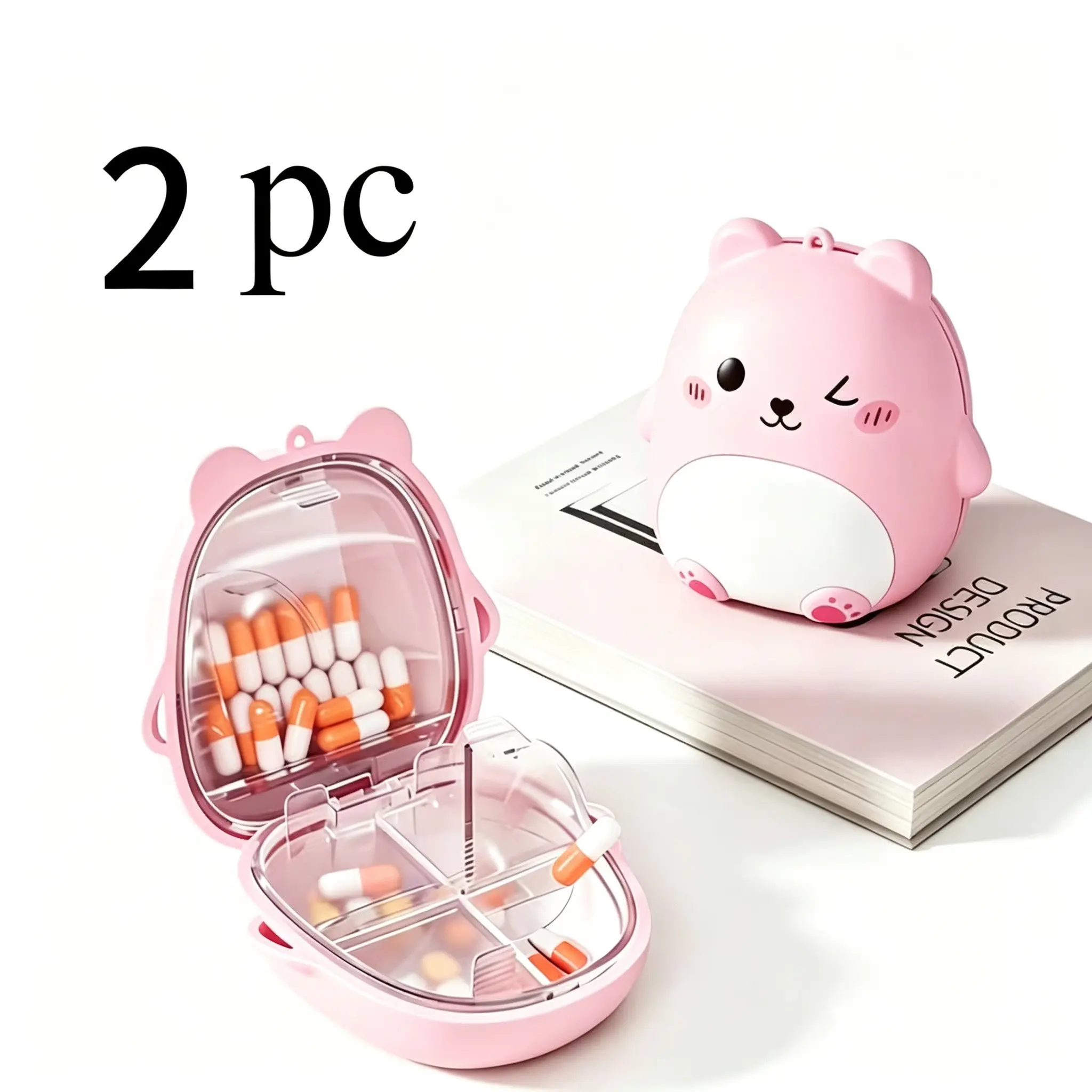 2pcs Cute Smiley Bear Pill Organizer, Large Capacity Storage Box, 5 Independent Flip Compartments, Multiuse Case for Pills, Jewelry, Small Items