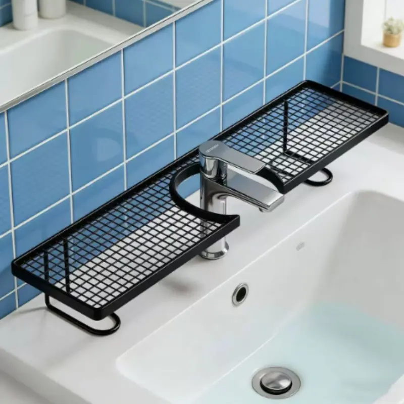 No-Drill Mesh Faucet Organizer, Bathroom Sink Drain Basket, Cosmetics Storage Rack, Kitchen Sink Multi-Functional Storage Shelf