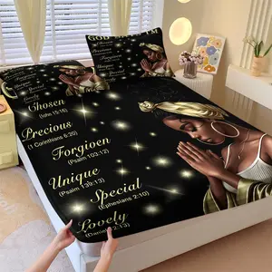 3Pcs Black Background Gold Scripture Quote Praying Black Woman Print Fitted Sheet Set, Glitter Star Sparkle Golden Letter Religious Verse Pattern with 2 Pillowcases, Soft Breathable Polyester Fabric, Christian Faith Bedroom Decor