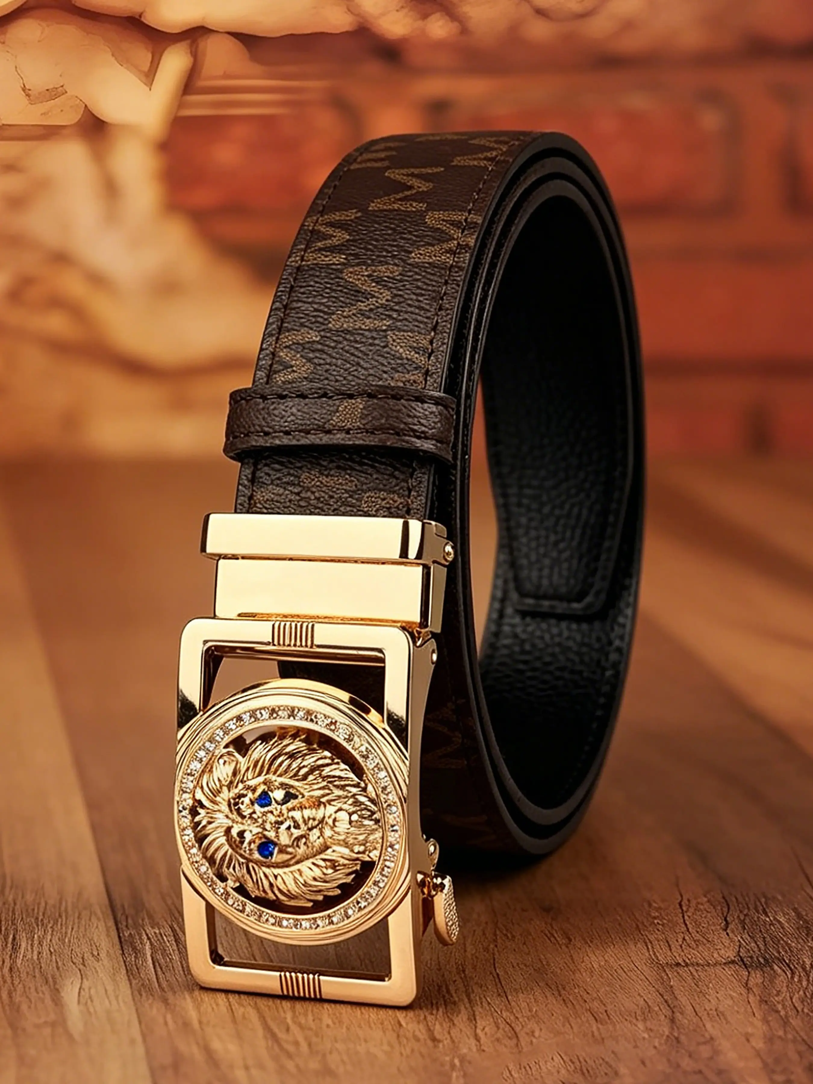 1 Piece Personality Lion Head Alloy Automatic Buckle Belt with 1.38in/3.5cm Wide Letter Engraved Belt, Unisex Fashion Belt for Men and Women.