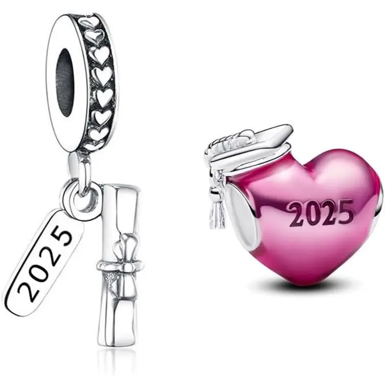 Graduation 2- Set Charms Bead Compatible for Bracelets 2025 Heart Graduation Jewellery Charm for Women