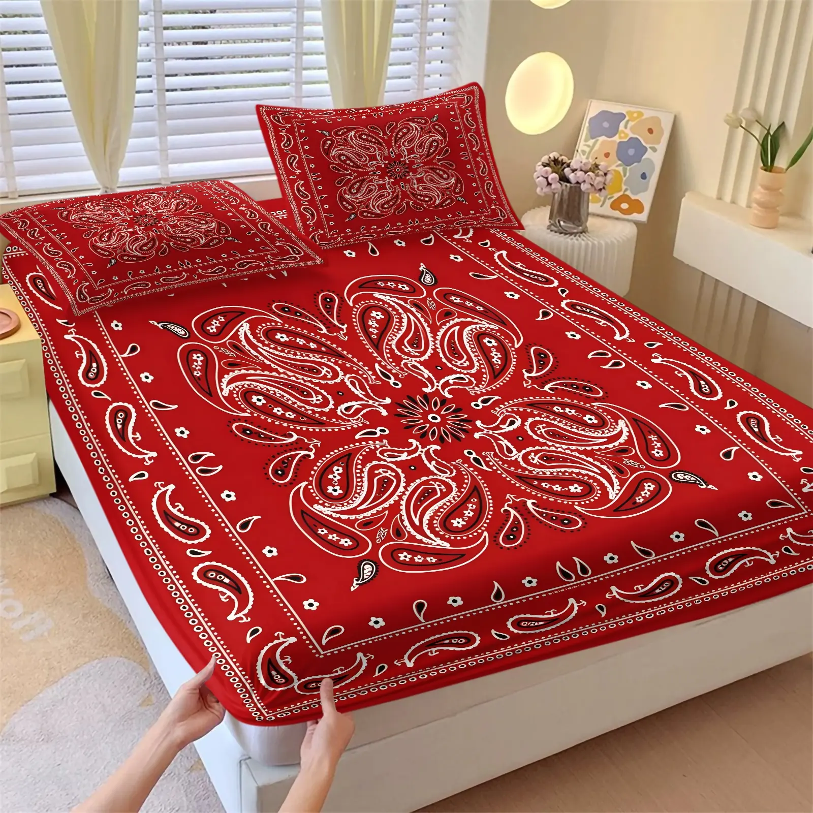 Retro Square Bandana Paisley Print Fitted Sheet Set and 2 Pillowcases No Core, Ornate Symmetrical Paisley 3Pcs Bedding Set All Size, Soft Non-Slip Elastic Mattress Cover, All Season Casual Home Textile, Street Western Home Decoration