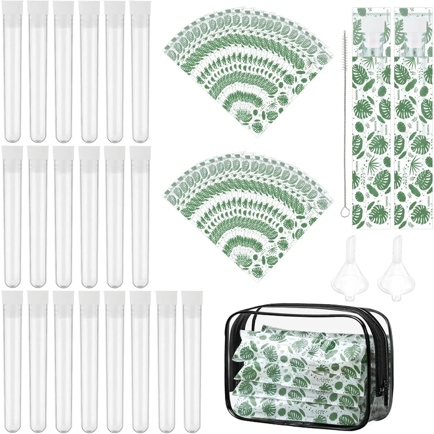 64 Pcs Tampon Flasks Set, Includes 20 Reusable Plastic Flasks 40 Self Adhesive Wrappers 2 Funnels Storage Bag Clean Brush, Hidden Discreet Flasks for Cruise Concert Outdoor Sports Green