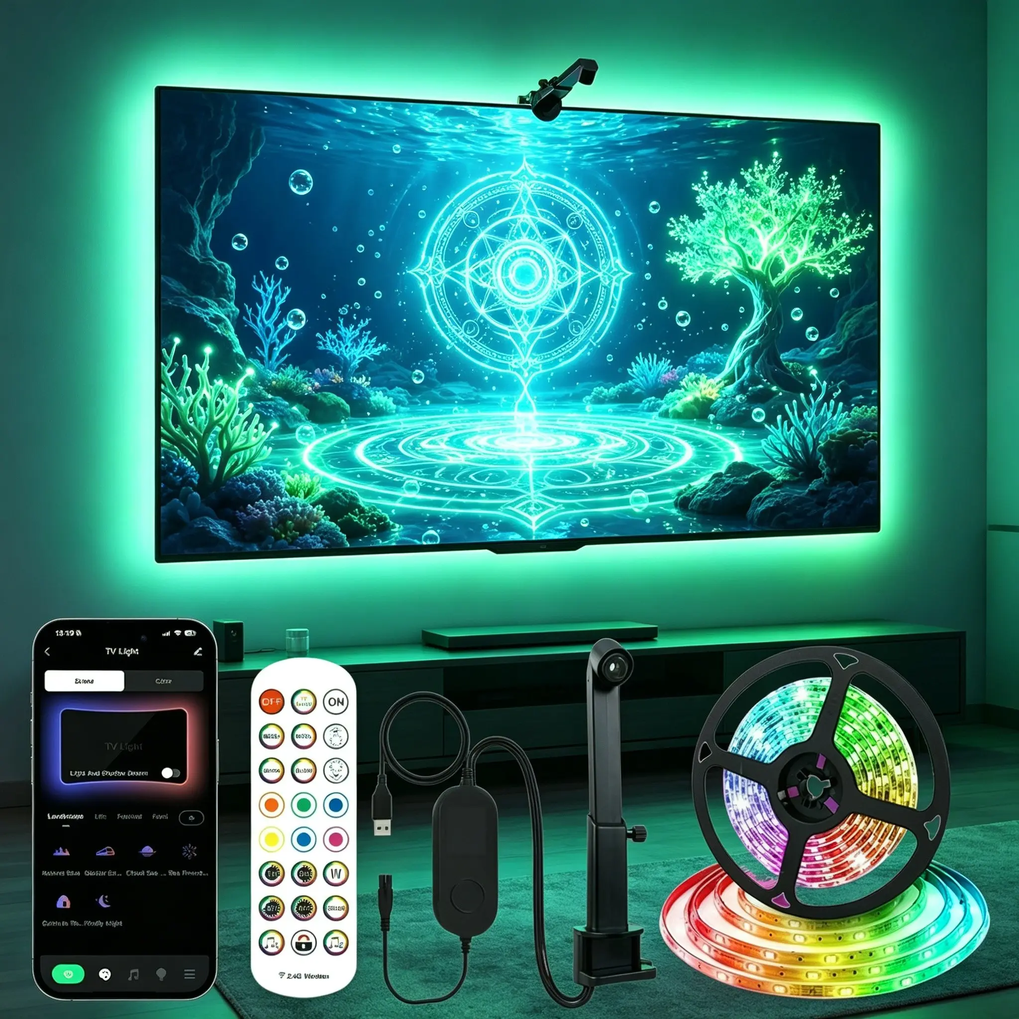 16.4ft Game Light Strip, Smart Light, USB LED TV Backlight for 55-65 Inch Tvs,Includes Remote Control，Color Sync, Ar Sensor, Bluetooth-compatible Control, Music Sync, Holiday Gift
