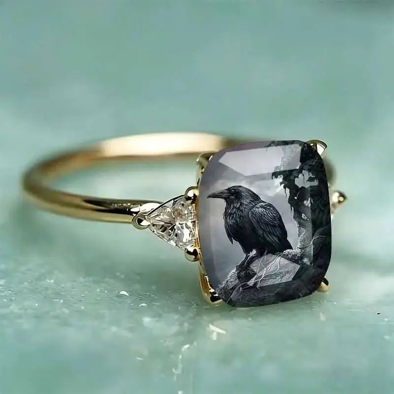 Vintage Raven Open Ring For Women, Gold Tone Alloy Band With Gothic Bird Artwork, Square Stone Design Adjustable Statement Ring, Gothic Jewelry For Daily Wear